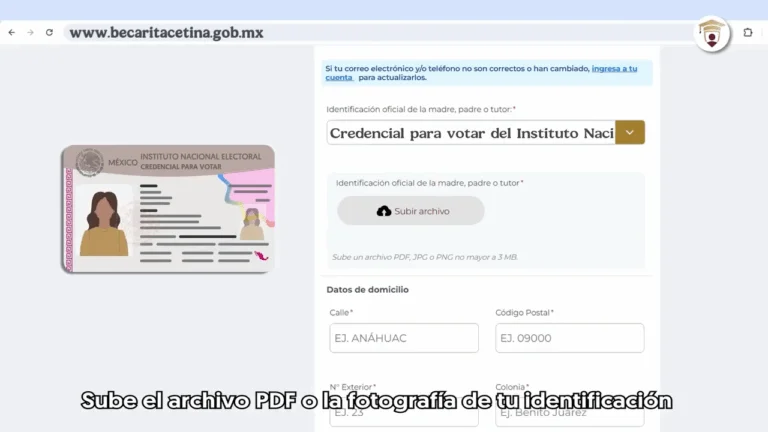 Sube un PDF de tu identificacion al sitio web oficial de Becas Rita Cetina
